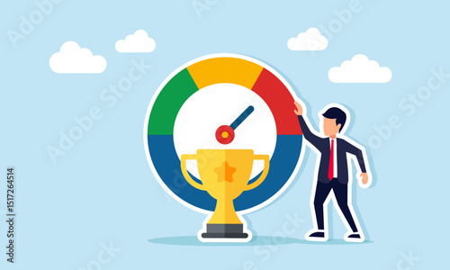 Businessman standing beside level indicator near trophy illustration of monitoring performance to maintain status as leading company