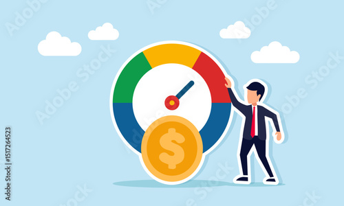 Businessman standing beside level indicator near dollar coin illustration of monitoring business financial performance