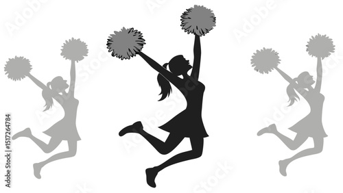 Cheerleader Silhouette Jumps with Pom-poms, isolated on white, representing spirit and energy with graphic design elements.