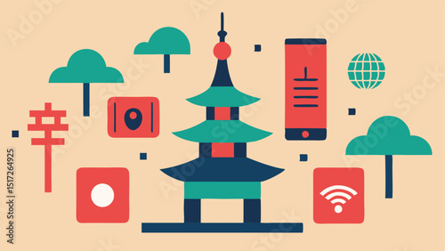 Cultural Symbols An array of iconic symbols representing different cultures like a pagoda Eiffel Tower etc. surrounding a central AI device interpreting commands from multiple