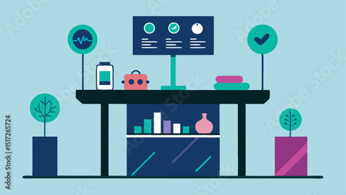 Innovative Treatment Showcase A stylish display table presenting a variety of innovative wellness treatments with signage highlighting their benefits and research findings.