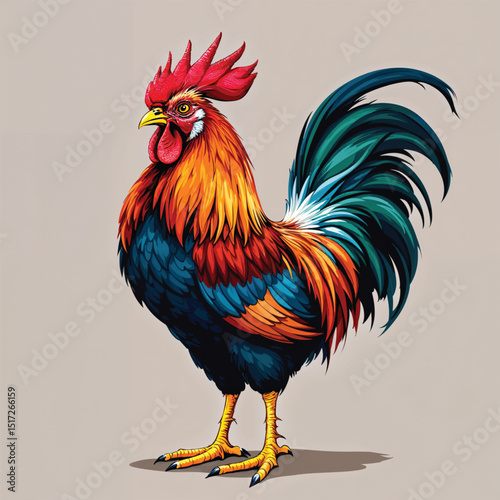 Colorful rooster with vibrant plumage isolated on white background, a proud farm animal