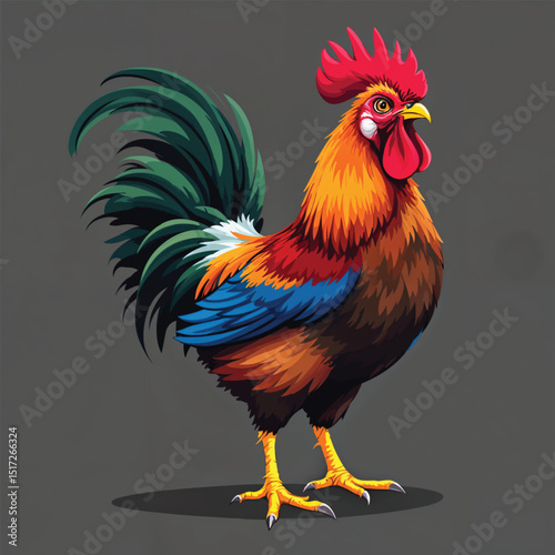 Colorful rooster with vibrant plumage isolated on white background, a proud farm animal