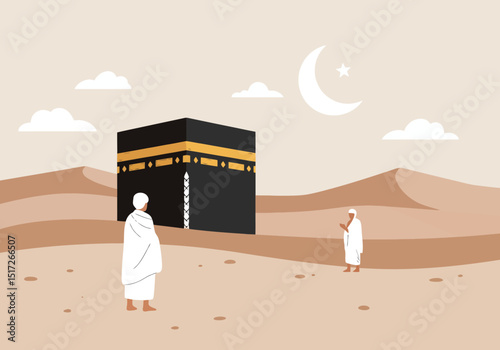 Pilgrimage to Mecca: Kaaba and Devotees in Desert Landscape