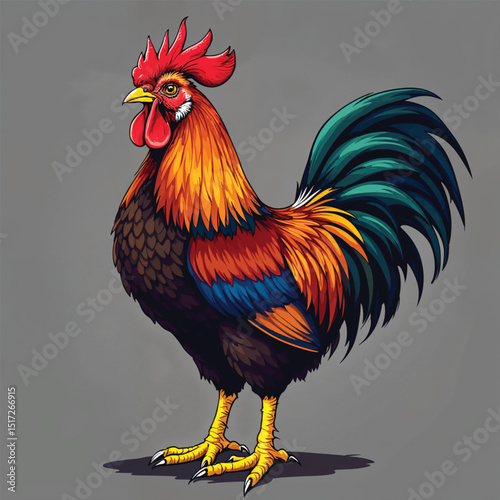 Colorful rooster with vibrant plumage isolated on white background, a proud farm animal