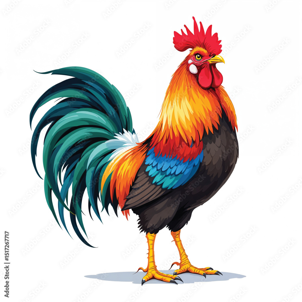 Fototapeta premium Colorful rooster with vibrant plumage isolated on white background, a proud farm animal