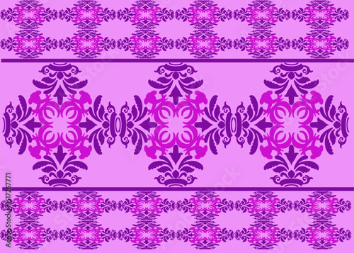 Seamless pink and purple floral vector pattern with vintage swirl ornamentation