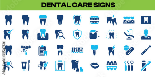  Dental Care Signs, Oral Treatment, Hygiene, Dentist Tools, Teeth Icons, Smile Health