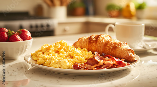 Delicious Breakfast Plate with Scrambled Eggs, Croissant, and Bacon Served with Fresh Strawberries