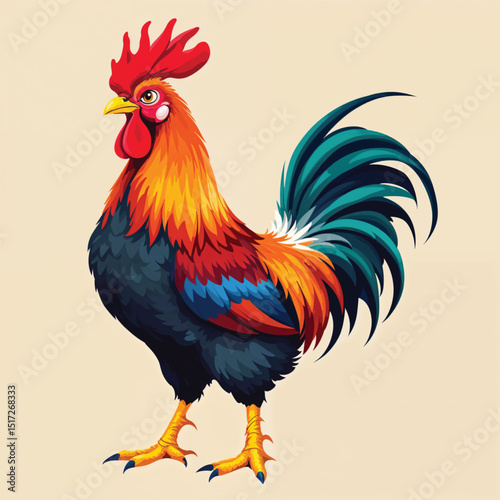 Colorful rooster with vibrant plumage isolated on white background, a proud farm animal
