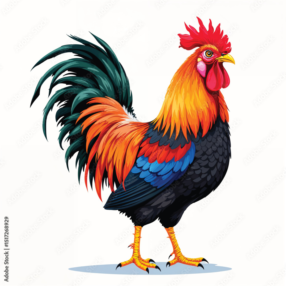 Fototapeta premium Colorful rooster with vibrant plumage isolated on white background, a proud farm animal