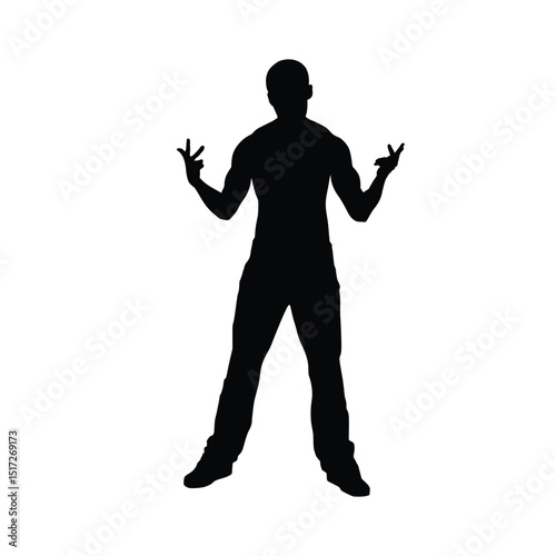Silhouette of a confident man standing with arms raised, expressing attitude, power, or swagger
