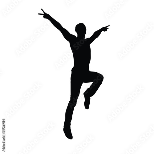 Silhouette of a joyful man jumping high with arms spread wide, expressing freedom and excitement