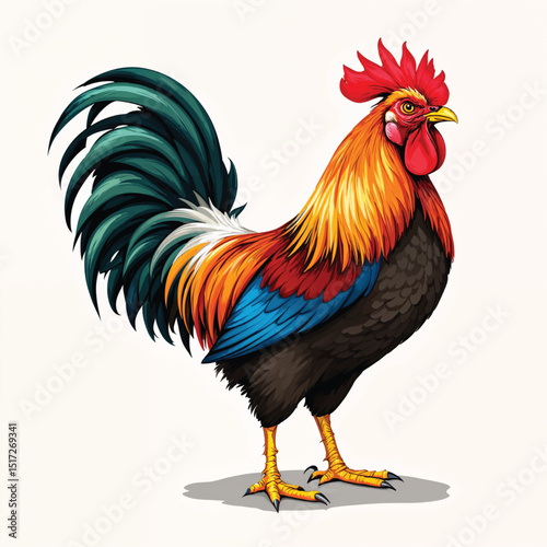 Colorful rooster with vibrant plumage isolated on white background, a proud farm animal