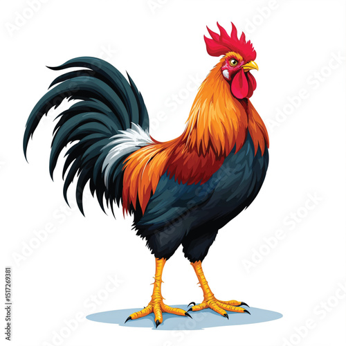 Colorful rooster with vibrant plumage isolated on white background, a proud farm animal