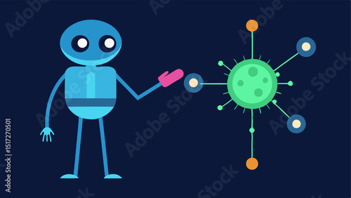 Cell Interaction A nanobot bonding with a human cell displaying interaction through visual effects like light beams or digital signals emitting between them.