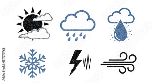 Weather icons depicting sun with clouds rain snowflake lightning and wind in a graphic format image