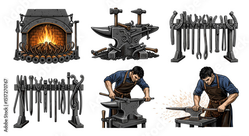 Illustration of a blacksmith with tools anvil fireplace and horseshoe rack in a workshop scene setting