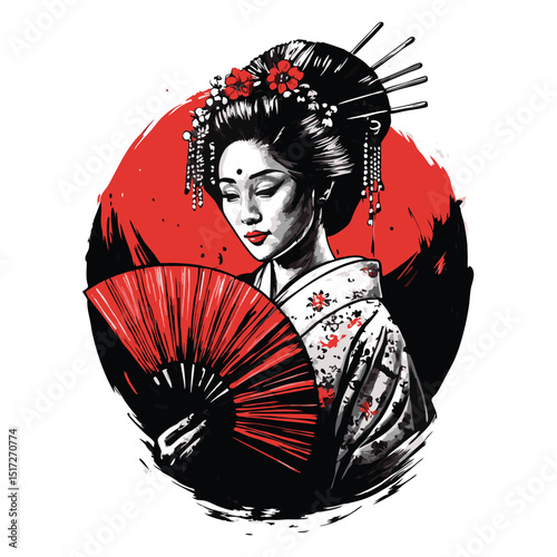 Detailed hand drawn illustration of a beautiful Japanese geisha smiling gracefully in a kimono