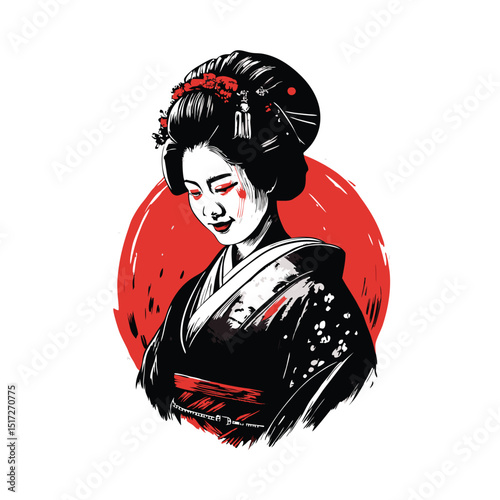 Detailed hand drawn illustration of a beautiful Japanese geisha smiling gracefully in a kimono