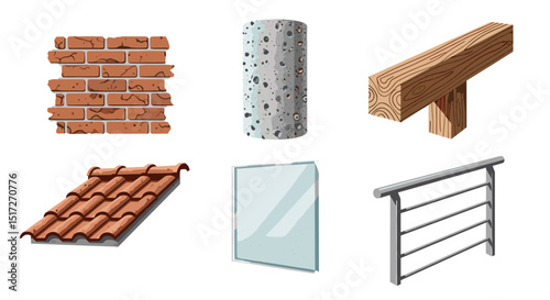 Illustration of brick wall concrete pillar wood beam roof tiles glass door and metal railing elements