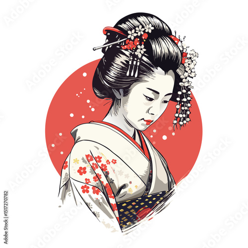 Detailed hand drawn illustration of a beautiful Japanese geisha smiling gracefully in a kimono