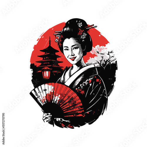 Detailed hand drawn illustration of a beautiful Japanese geisha smiling gracefully in a kimono