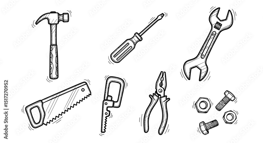 Fototapeta premium Illustration of various hand tools including a hammer, screwdriver, wrench, and multiple saws tools