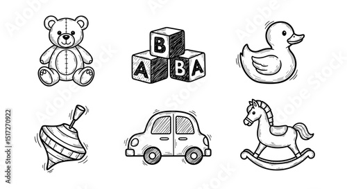 Illustration of teddy bear, blocks, duck, spinning top, car, and rocking horse toys in black and white