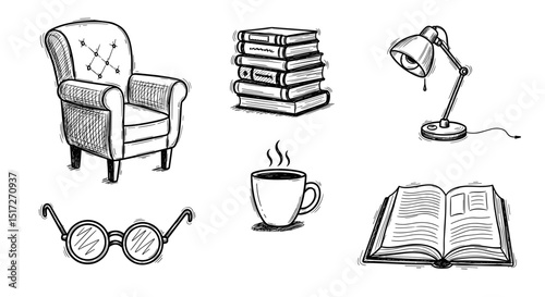 Sketch of a cozy reading corner with armchair books lamp glasses and a steaming cup of coffee on white background