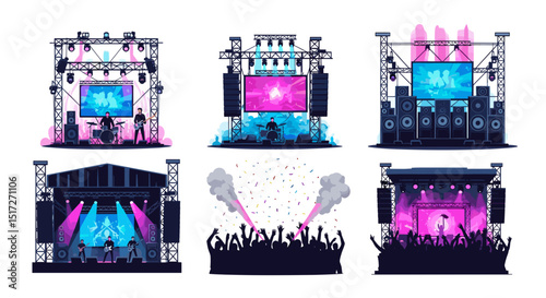 Six concert stages with bands and crowds illuminated by colorful lights and large video screens display