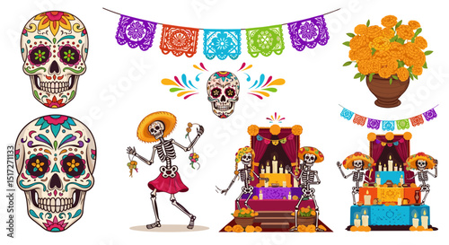 Day of the dead celebration with sugar skulls skeletons and decorations for festival of the dead theme