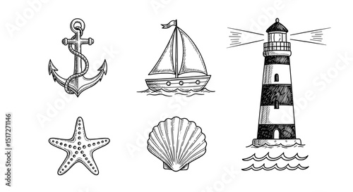 A nautical themed drawing featuring a lighthouse, sailboat, anchor, starfish, and seashell illustration