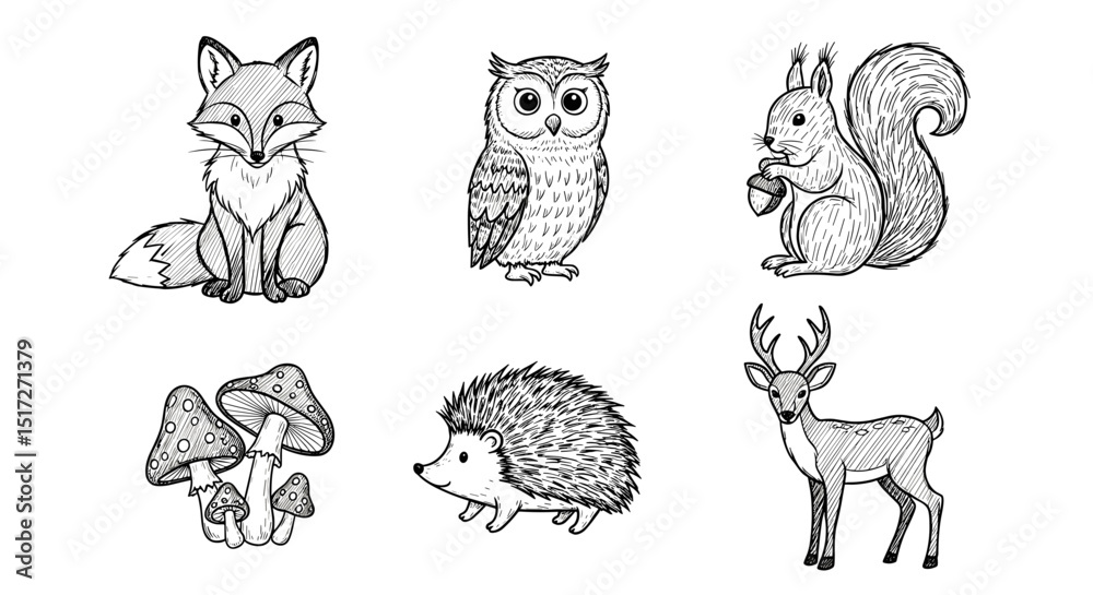 Obraz premium Illustration of a fox, owl, squirrel, mushrooms, hedgehog, and deer in black and white sketch style
