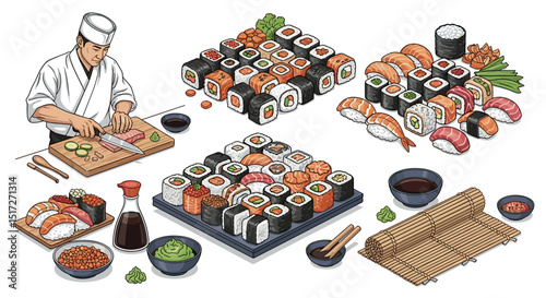 Isometric view of a sushi chef preparing various sushi rolls and nigiri with traditional accompaniments