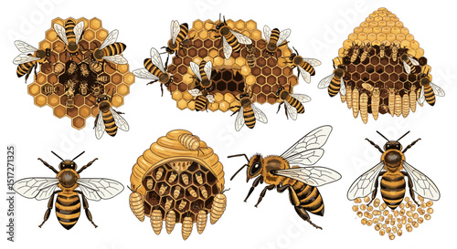 Illustrations of honeybees around honeycombs and larvae in various stages of development shown here