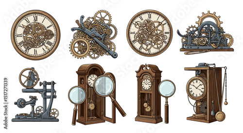 Various steampunk clocks and gears including wall clocks grandfather clocks and magnifying glasses are shown