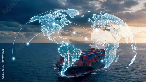 Container ship navigating through ocean waters with digital world map overlay illustrating global trade
