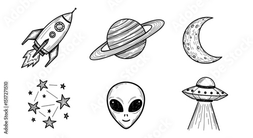 Doodle style space icons featuring a rocket, planet, moon, stars, alien, and flying saucer drawing art