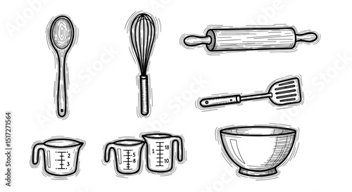 Illustration of baking utensils including a spoon, whisk, rolling pin, and measuring cups on white background