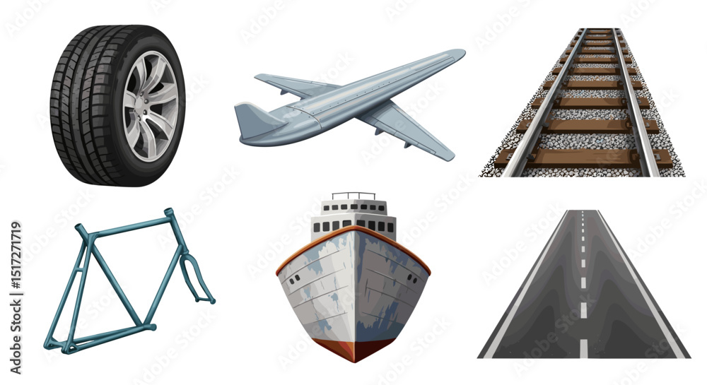 Various modes of transportation including a tire airplane train bicycle frame ship and road are shown