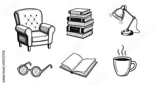 Illustration of a cozy reading nook with an armchair, books, lamp, glasses and a cup of coffee
