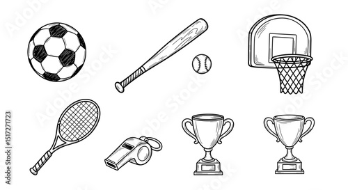 Illustration showing a soccer ball, baseball bat, basketball hoop, and various sports equipment items