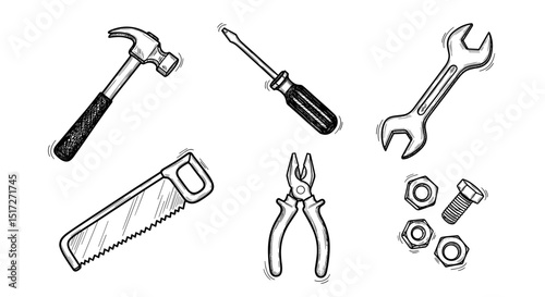 Illustration of various hand tools including a hammer screwdriver wrench saw pliers and nuts and bolts