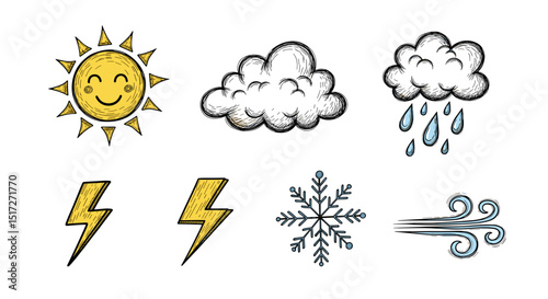 Illustration of weather icons including sun cloud rain lightning snowflake and wind symbols shown