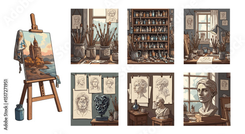 A collection of artist studio scenes featuring paintings, sketches, and art supplies displayed together