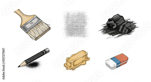 Illustration of art supplies including a brush canvas charcoal pencil putty and an eraser on white