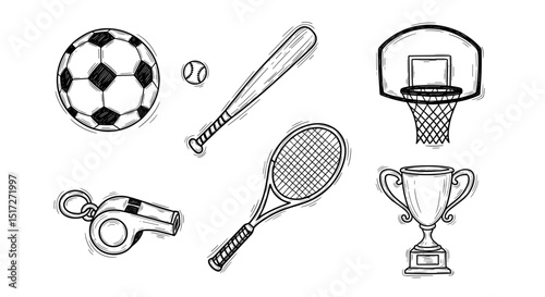 Illustration of various sports equipment including balls bat hoop racket trophy and whistle item set