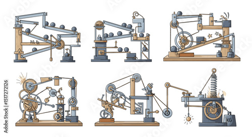 A collection of six whimsical machines with various mechanisms and moving parts illustrated in detail