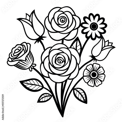 Elegant Line Art Floral Bouquet Roses, Tulips, and Daisies